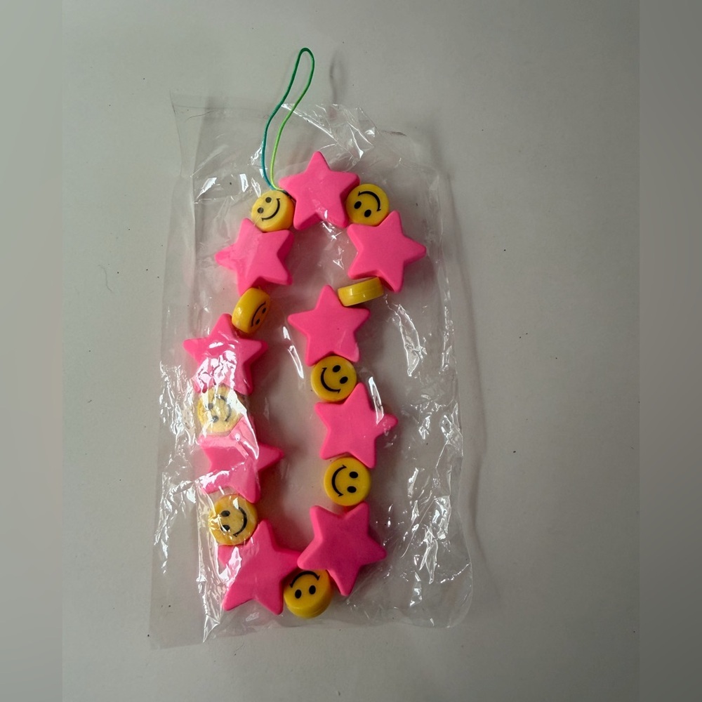 ⭐️🙂  Kawaii Pink Neon Stars & Yellow Smiley Bead Phone Charm⭐️💖🙂